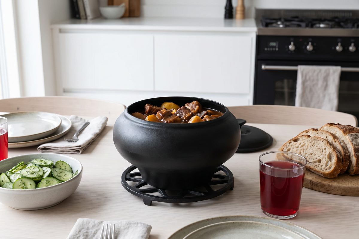 Горшок чугунный печной 1,5 л с чугунной крышкой ТМ СИТОН: тушёная свинина с картофелем