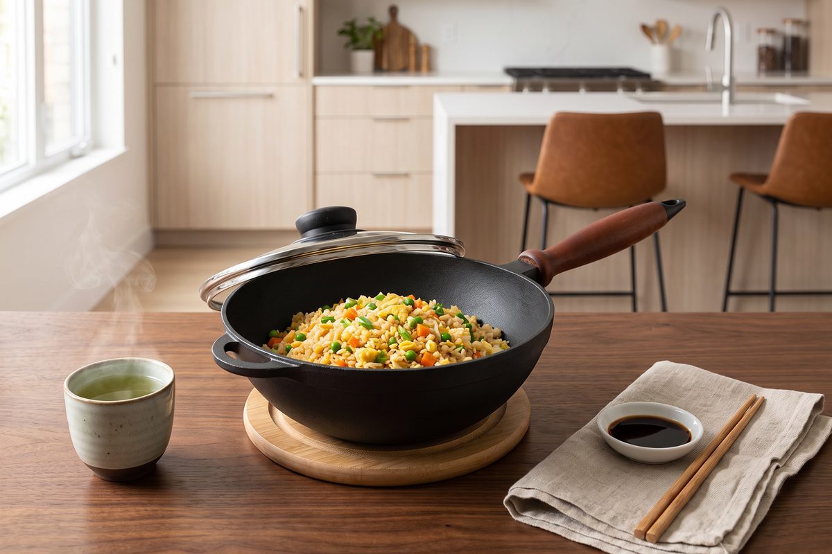 Сковорода чугунная WOK 200х90 мм с деревянной ручкой и стеклянной крышкой ТМ СИТОН: жареный рис с яйцом