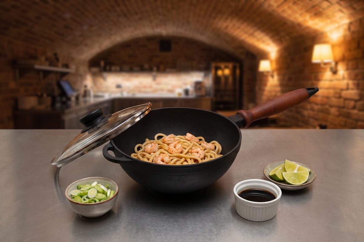 Сковорода чугунная WOK 200х90 мм с деревянной ручкой и стеклянной крышкой ТМ СИТОН: удон с креветками