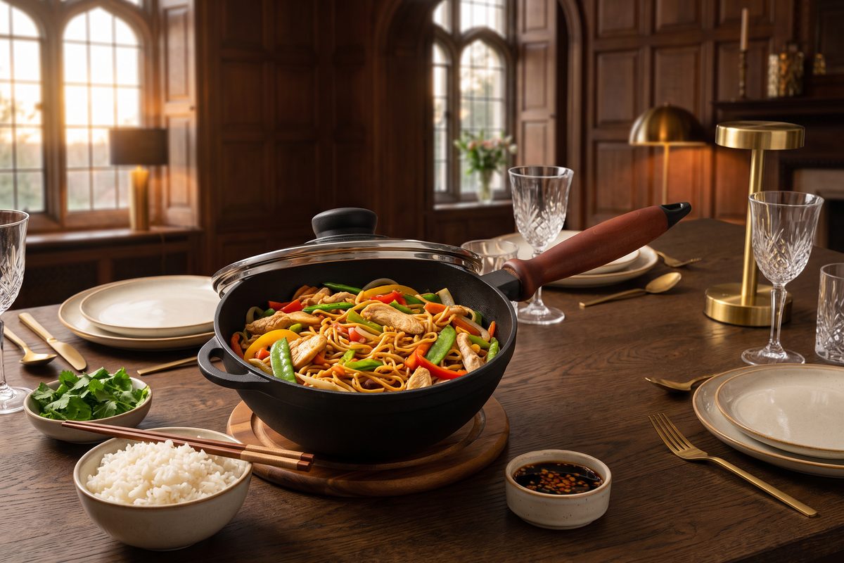 Сковорода чугунная WOK 200х90 мм с деревянной ручкой и стеклянной крышкой ТМ СИТОН: лапша с курицей и овощами