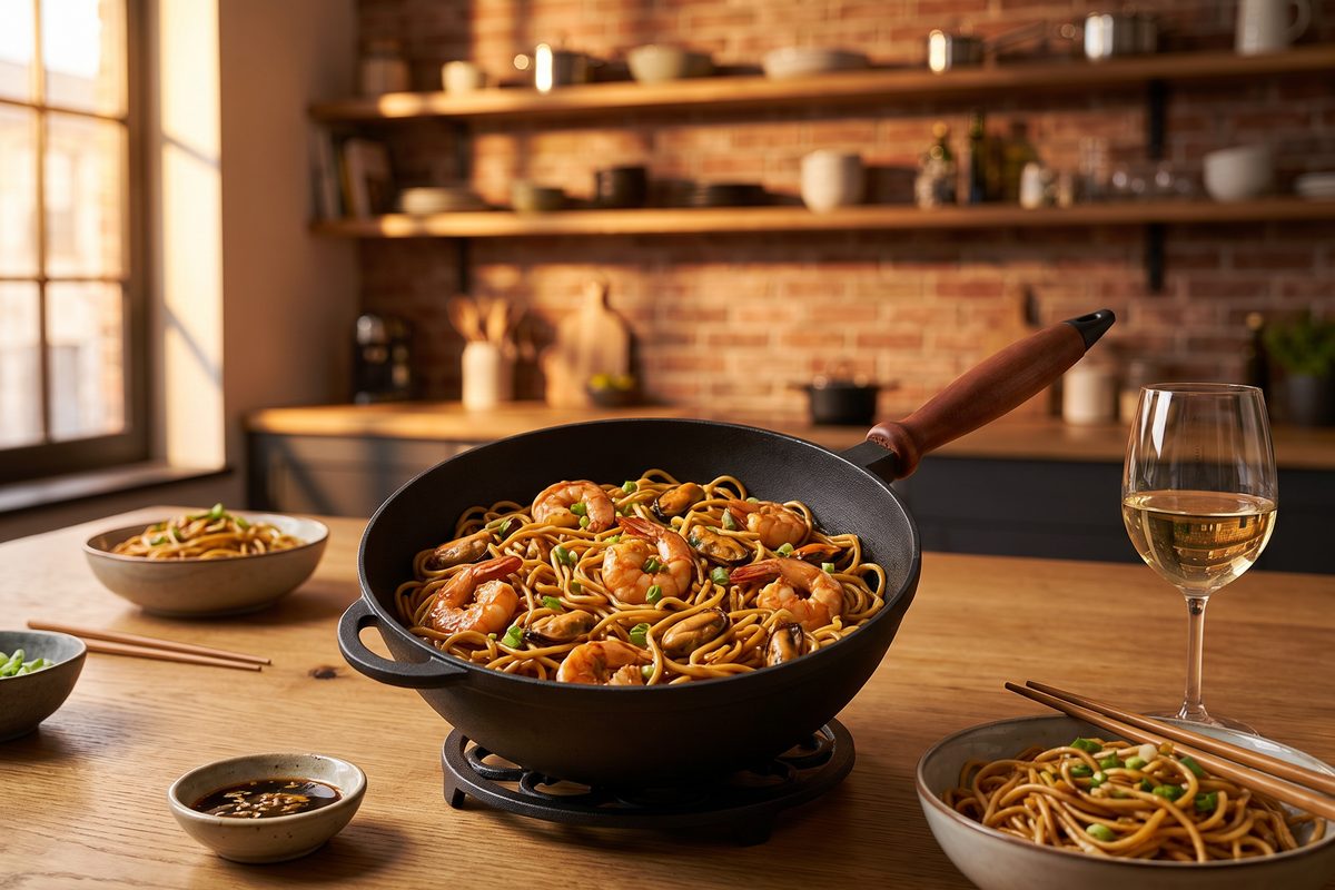 Сковорода чугунная WOK 260х120 мм с деревянной ручкой ТМ СИТОН: лапша с морепродуктами