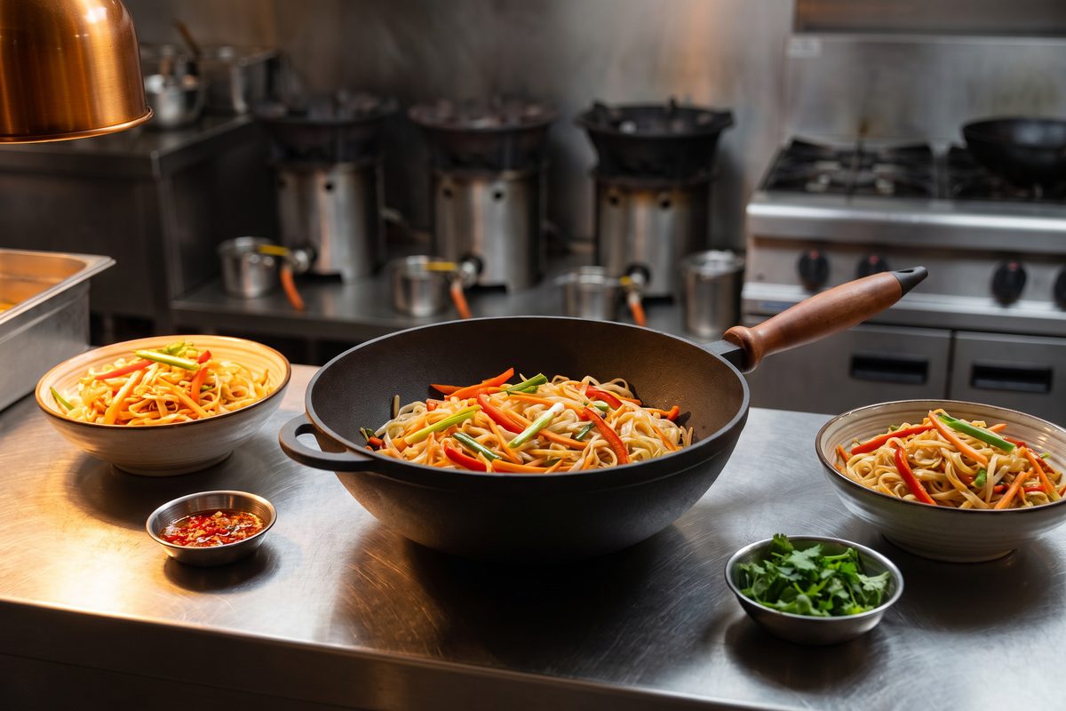 Сковорода чугунная WOK 260х120 мм с деревянной ручкой ТМ СИТОН: рисовая лапша с овощами
