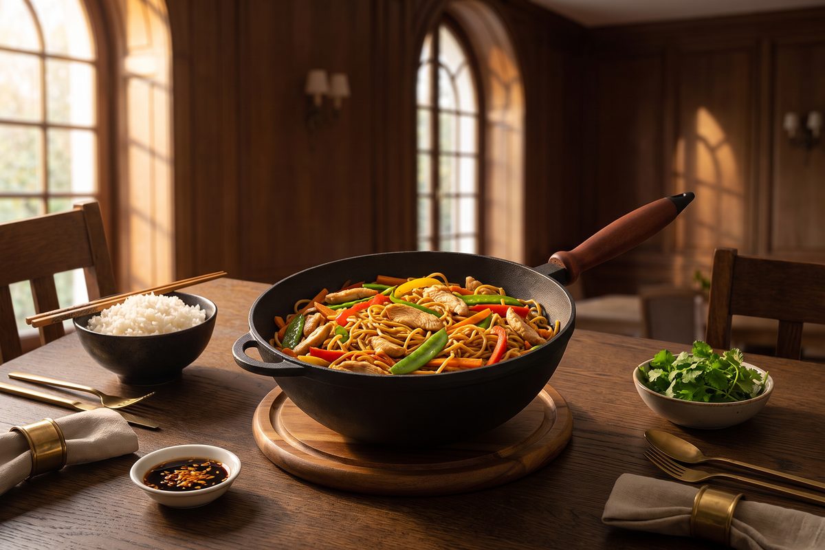 Сковорода чугунная WOK 260х120 мм с деревянной ручкой ТМ СИТОН: лапша с курицей и овощами
