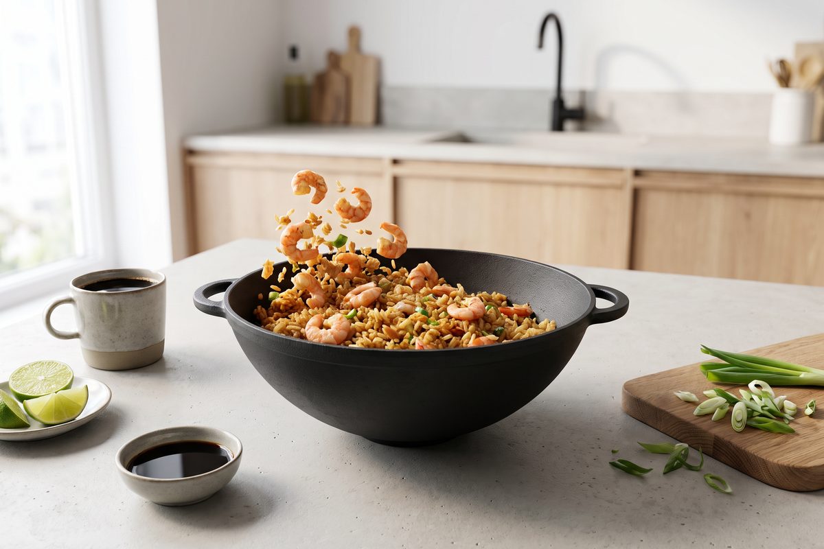 Каструля чавунна WOK 3,5 л з чавунною кришкою ТМ СІТОН: смажений рис з креветками