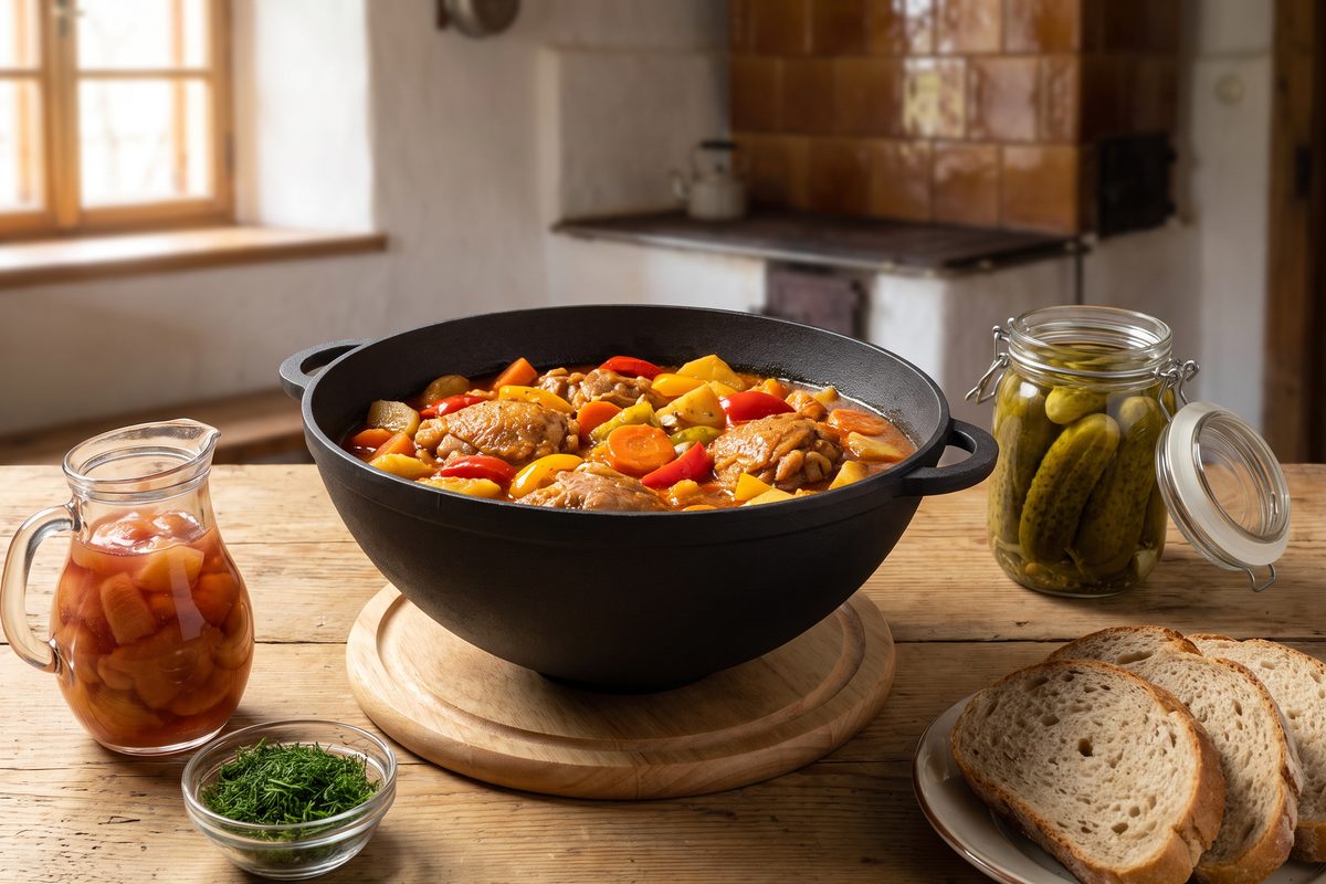 Каструля чавунна WOK 3,5 л з чавунною кришкою ТМ СІТОН: рагу з куркою та овочами