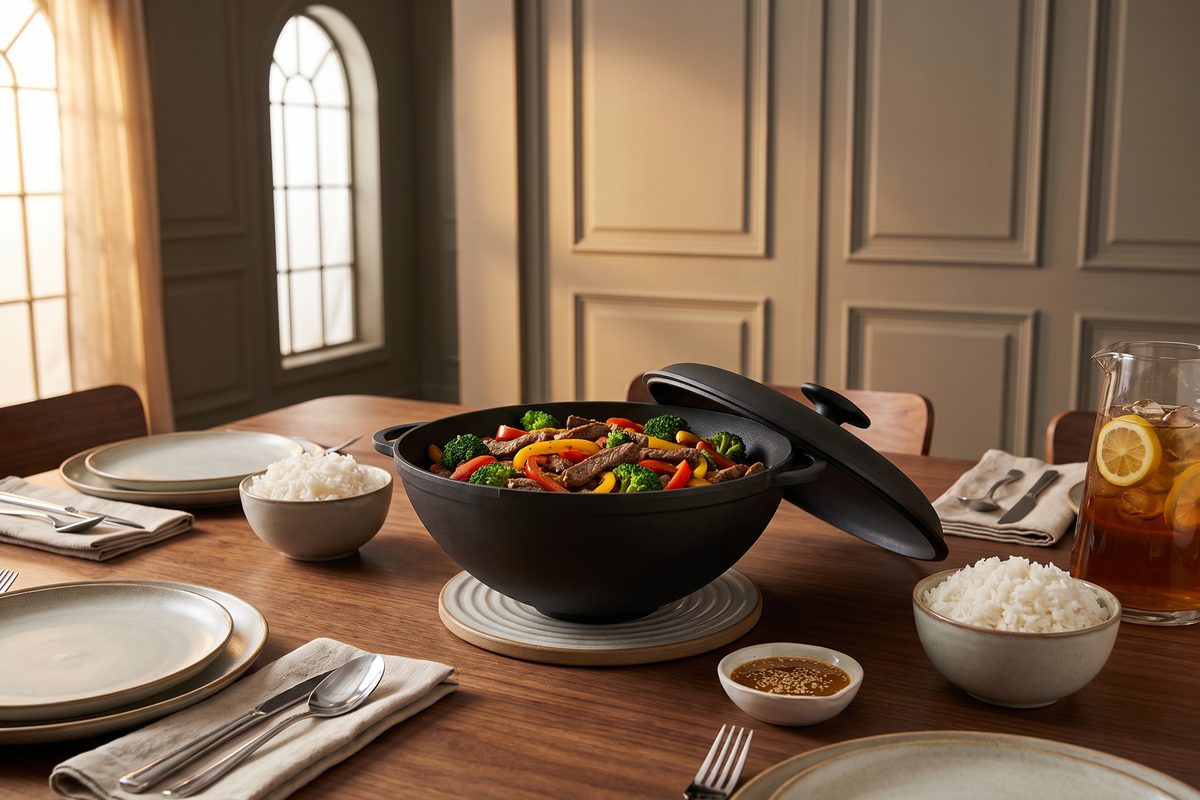 Каструля чавунна WOK 3,5 л з чавунною кришкою ТМ СІТОН: яловичина з броколі та солодким перцем
