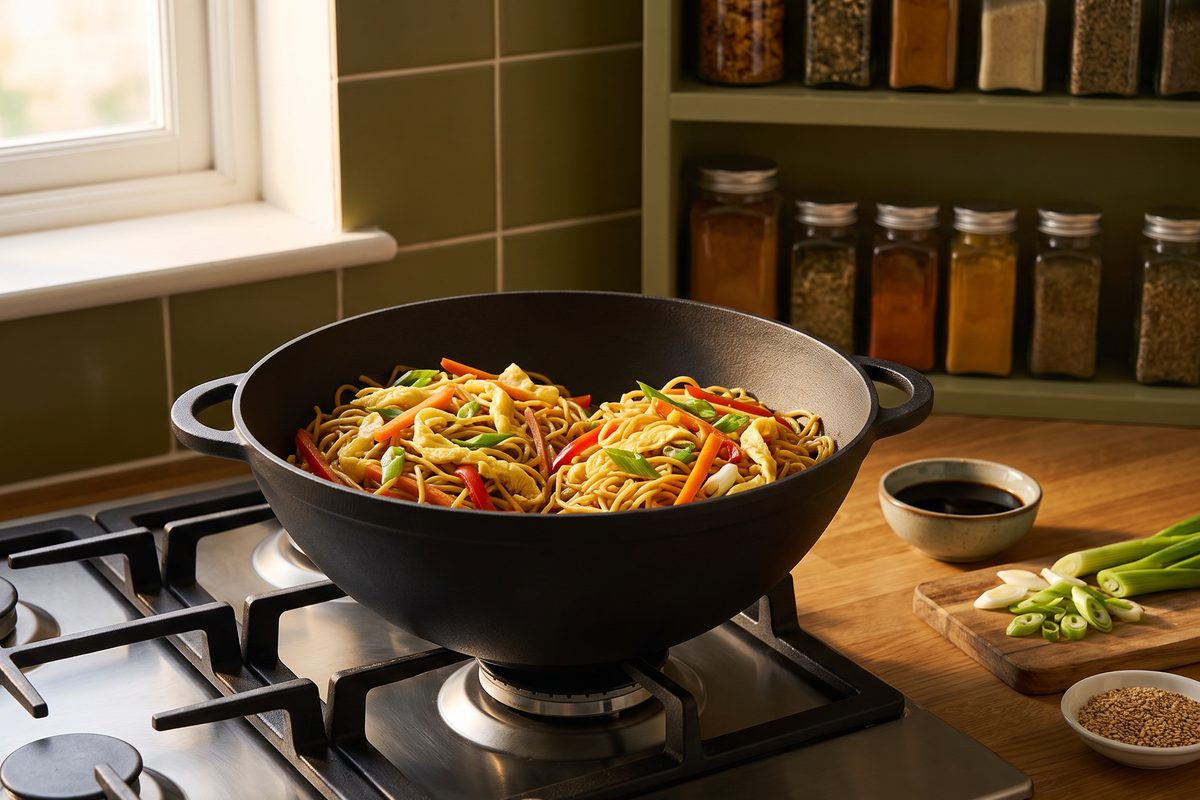 Каструля чавунна WOK 3,5 л зі скляною кришкою ТМ СІТОН: локшина з яйцем та овочами