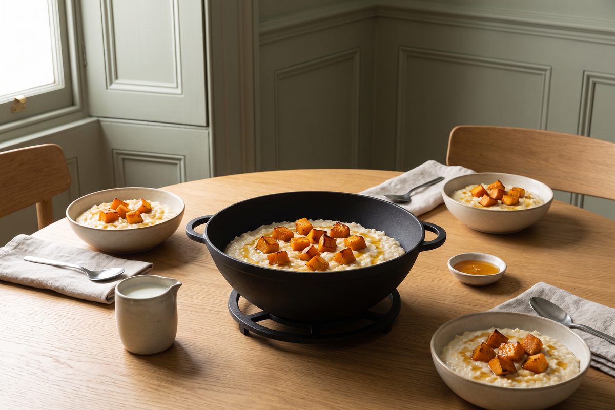 Каструля чавунна WOK 3,5 л зі скляною кришкою ТМ СІТОН: рисова каша з гарбузом