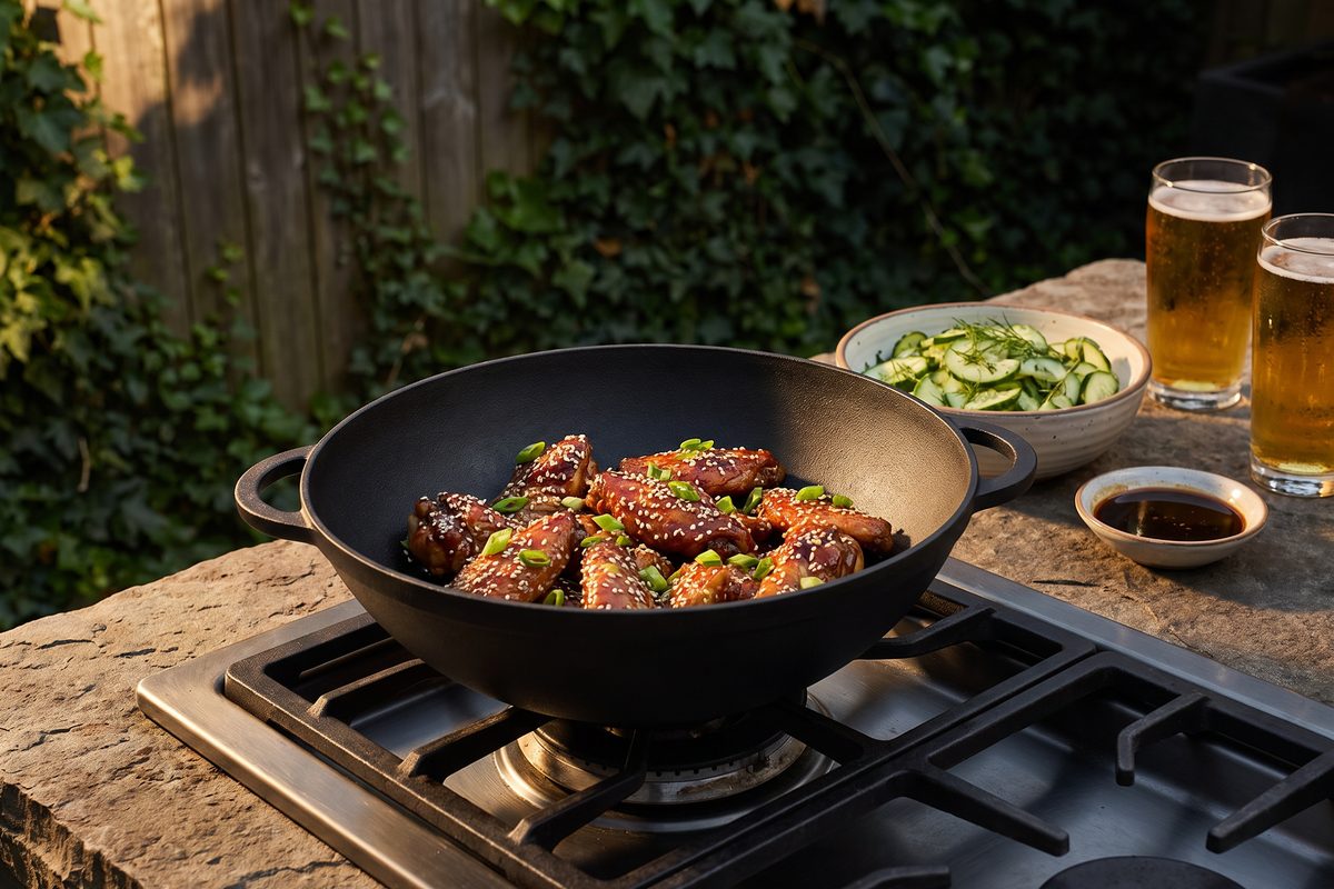 Каструля чавунна WOK 3,5 л зі скляною кришкою ТМ СІТОН: курячі крильця теріякі
