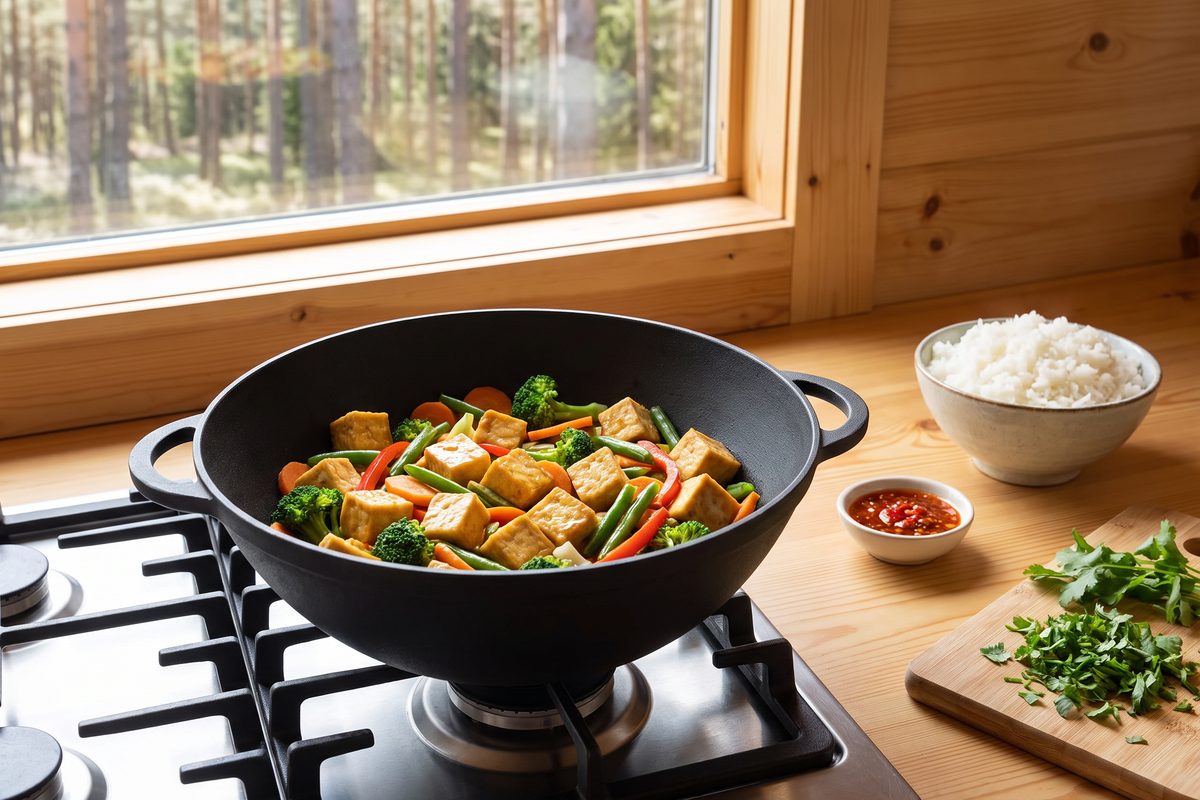 Каструля чавунна WOK 3,5 л зі скляною кришкою ТМ СІТОН: овочі з тофу