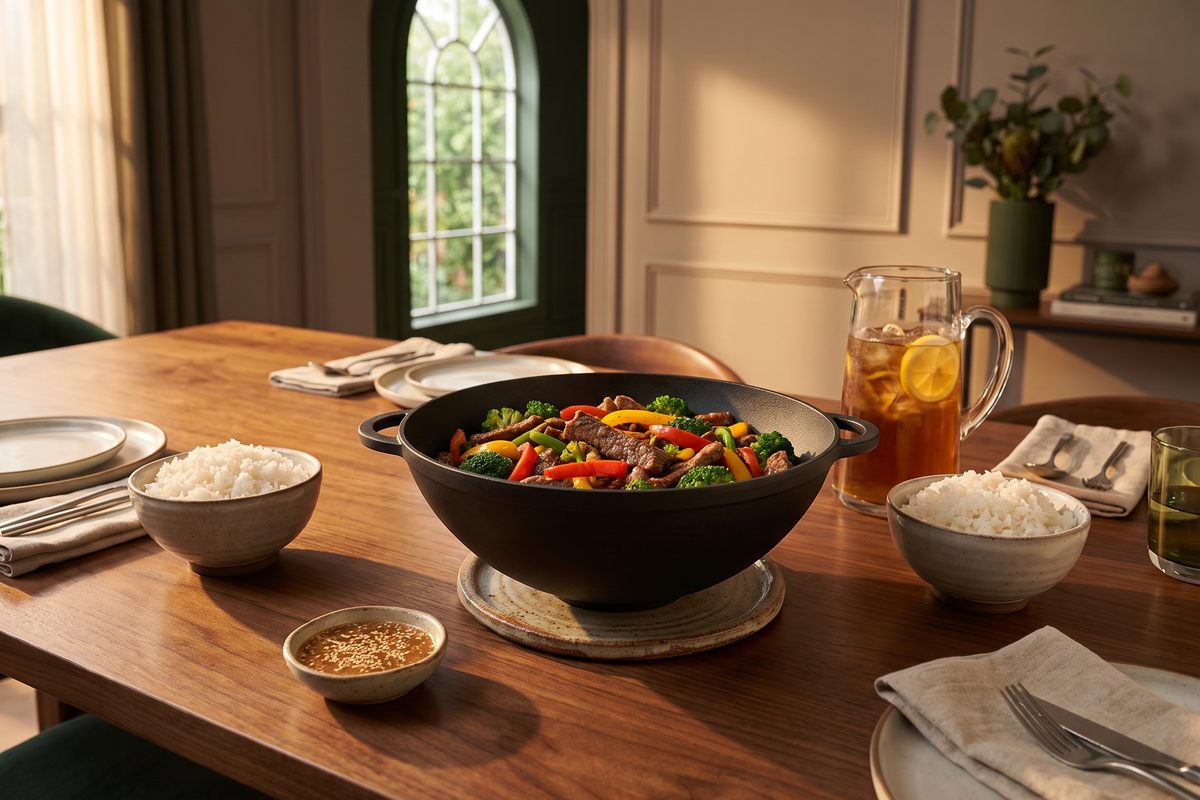 Каструля чавунна WOK 3,5 л зі скляною кришкою ТМ СІТОН: яловичина з броколі та солодким перцем