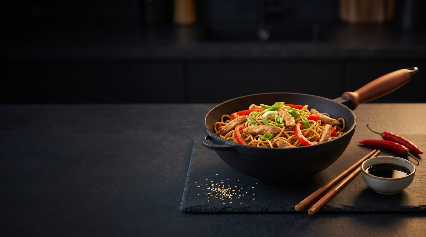 Чавунна каструля WOK з дерев'яною ручкою, локшиною, куркою та овочами