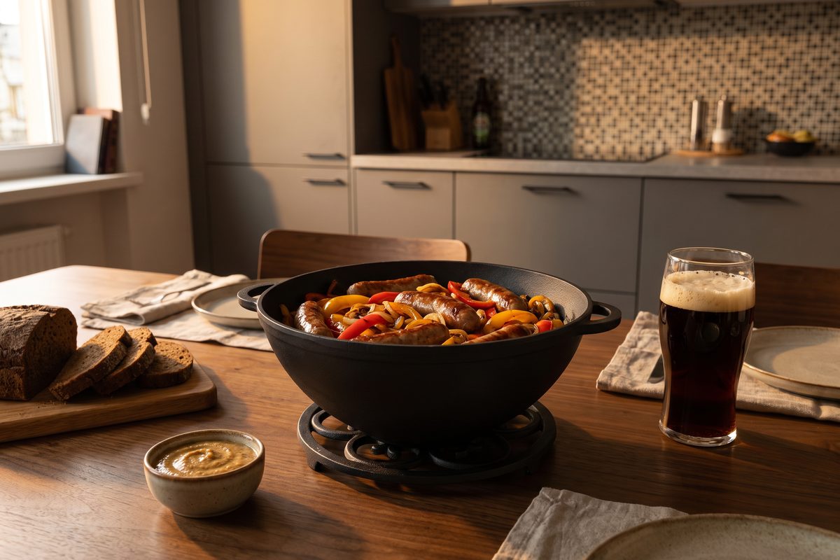 Каструля чавунна WOK 5,5 л з чавунною кришкою ТМ СІТОН: ковбаски з овочами