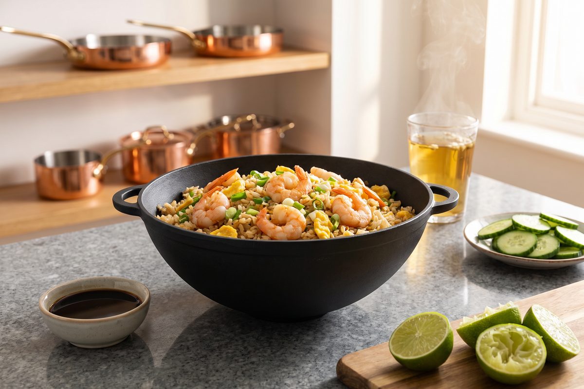 Каструля чавунна WOK 5,5 л з чавунною кришкою ТМ СІТОН: смажений рис з креветками