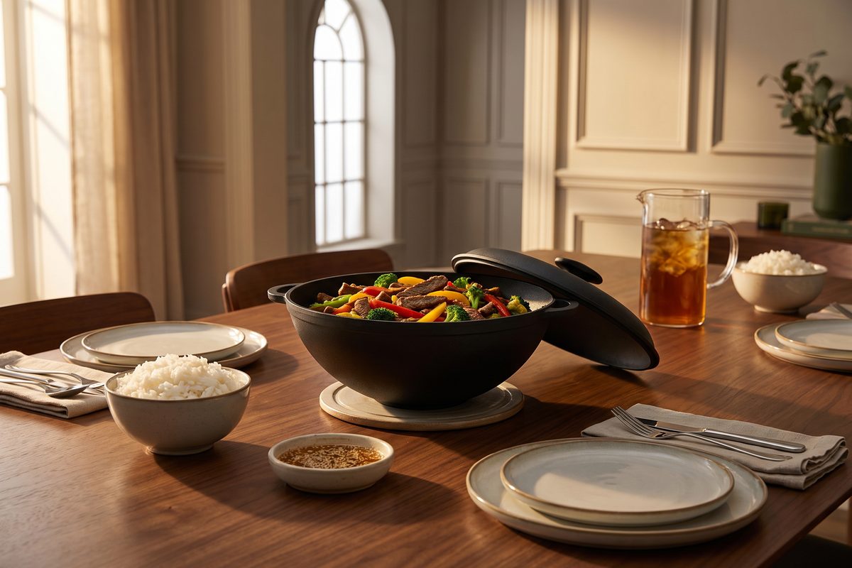 Каструля чавунна WOK 5,5 л з чавунною кришкою ТМ СІТОН: яловичина з броколі та солодким перцем