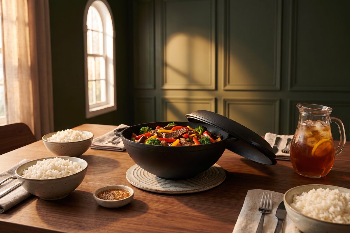Кастрюля чугунная WOK 5,5 л с чугунной крышкой-сковородой ТМ СИТОН: говядина с брокколи и сладким перцем