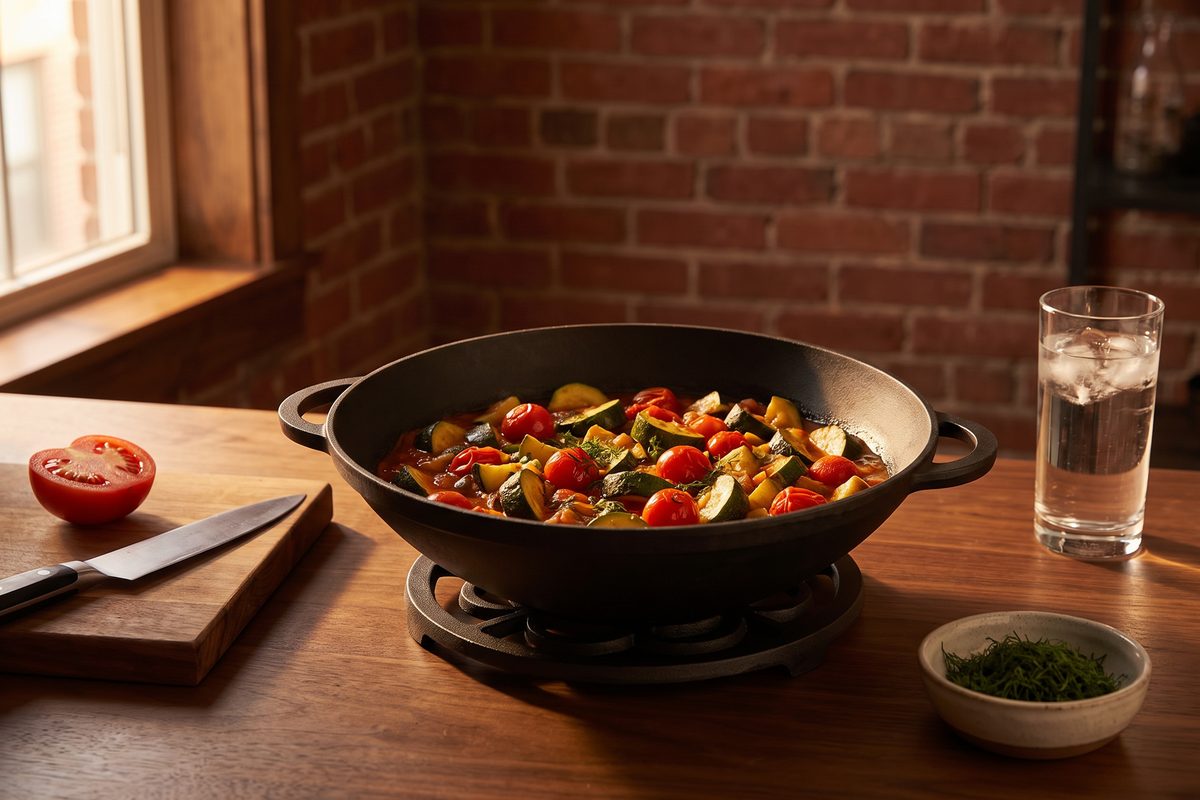 Каструля чавунна WOK 4,5 л з чавунною кришкою ТМ СІТОН: тушковані кабачки з помідорами