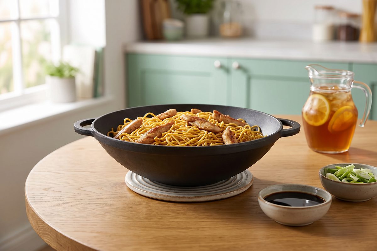 Каструля чавунна WOK 4,5 л з чавунною кришкою ТМ СІТОН: локшина з куркою