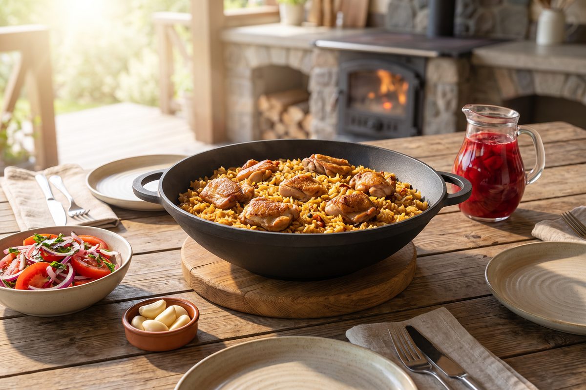 Каструля чавунна WOK 4,5 л з чавунною кришкою ТМ СІТОН: плов з куркою