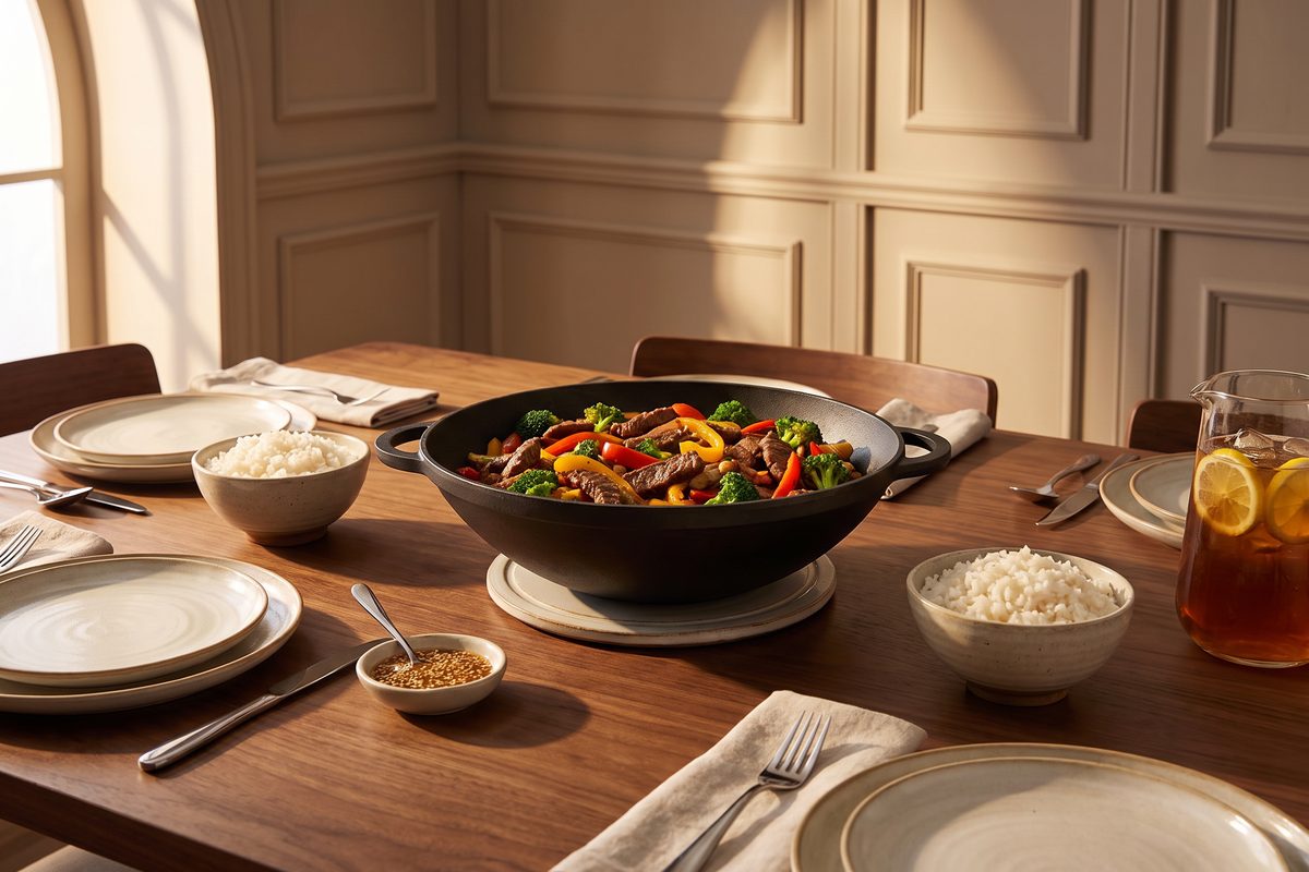 Каструля чавунна WOK 4,5 л з чавунною кришкою ТМ СІТОН: яловичина з броколі та солодким перцем