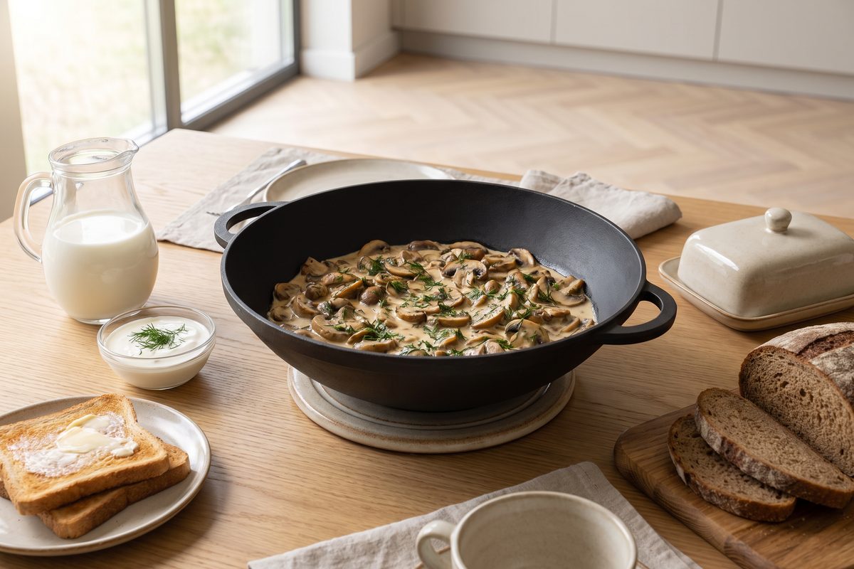 Каструля чавунна WOK 4,5 л з чавунною кришкою-сковородою ТМ СІТОН: смажені гриби зі сметаною