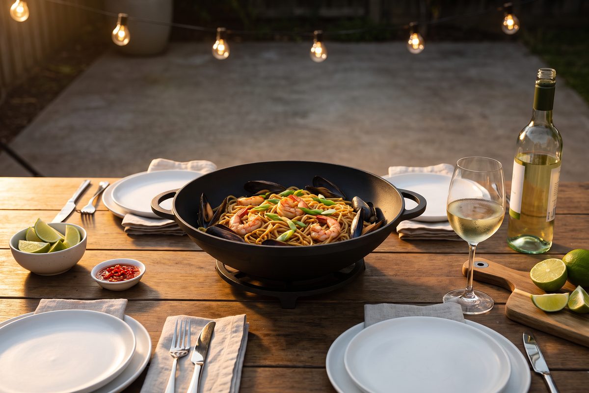 Каструля чавунна WOK 4,5 л з чавунною кришкою-сковородою ТМ СІТОН: локшина з морепродуктами