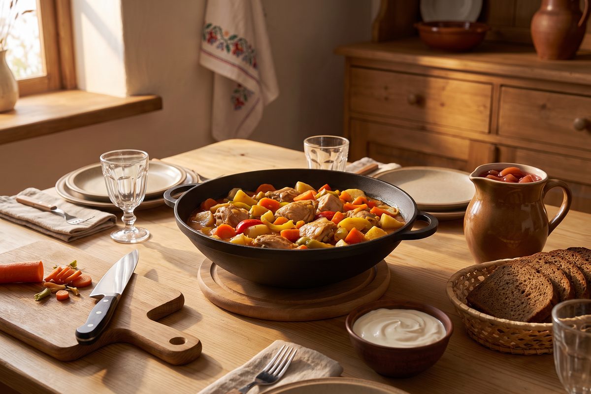 Каструля чавунна WOK 4,5 л з чавунною кришкою-сковородою ТМ СІТОН: рагу з куркою та овочами