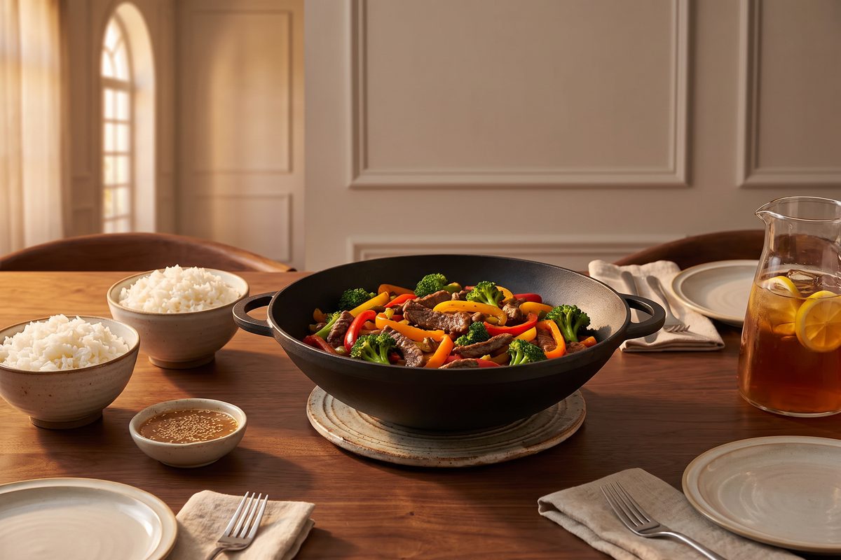 Каструля чавунна WOK 4,5 л з чавунною кришкою-сковородою ТМ СІТОН: яловичина з броколі та солодким перцем