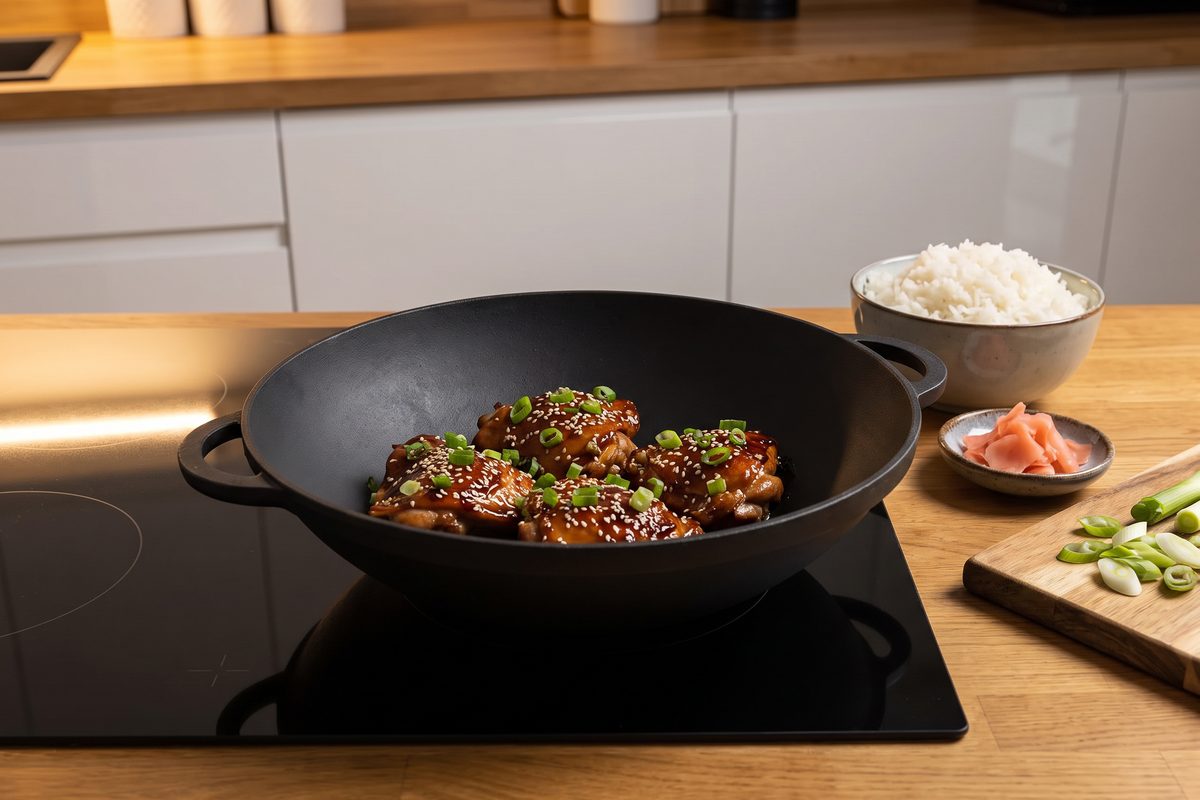Кастрюля чугунная WOK 4,5 л со стеклянной крышкой ТМ СИТОН: курица терияки