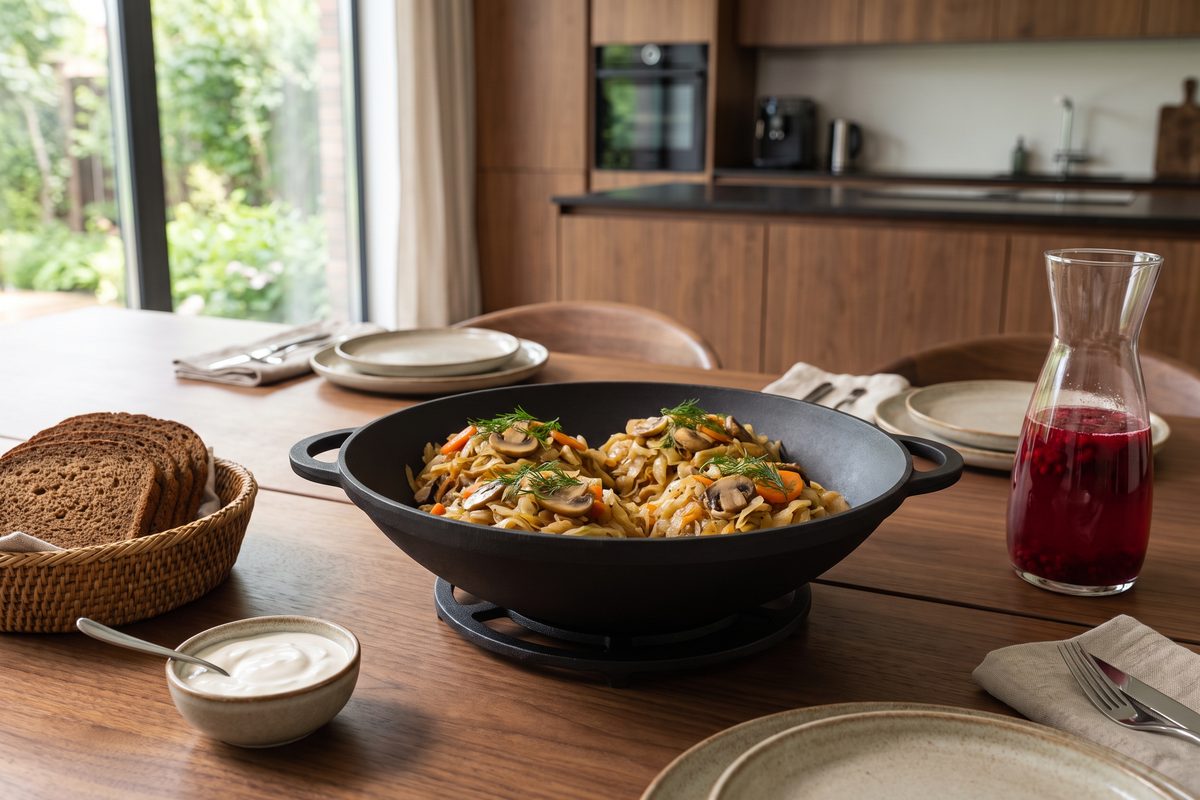 Кастрюля чугунная WOK 4,5 л со стеклянной крышкой ТМ СИТОН: тушёная капуста с грибами