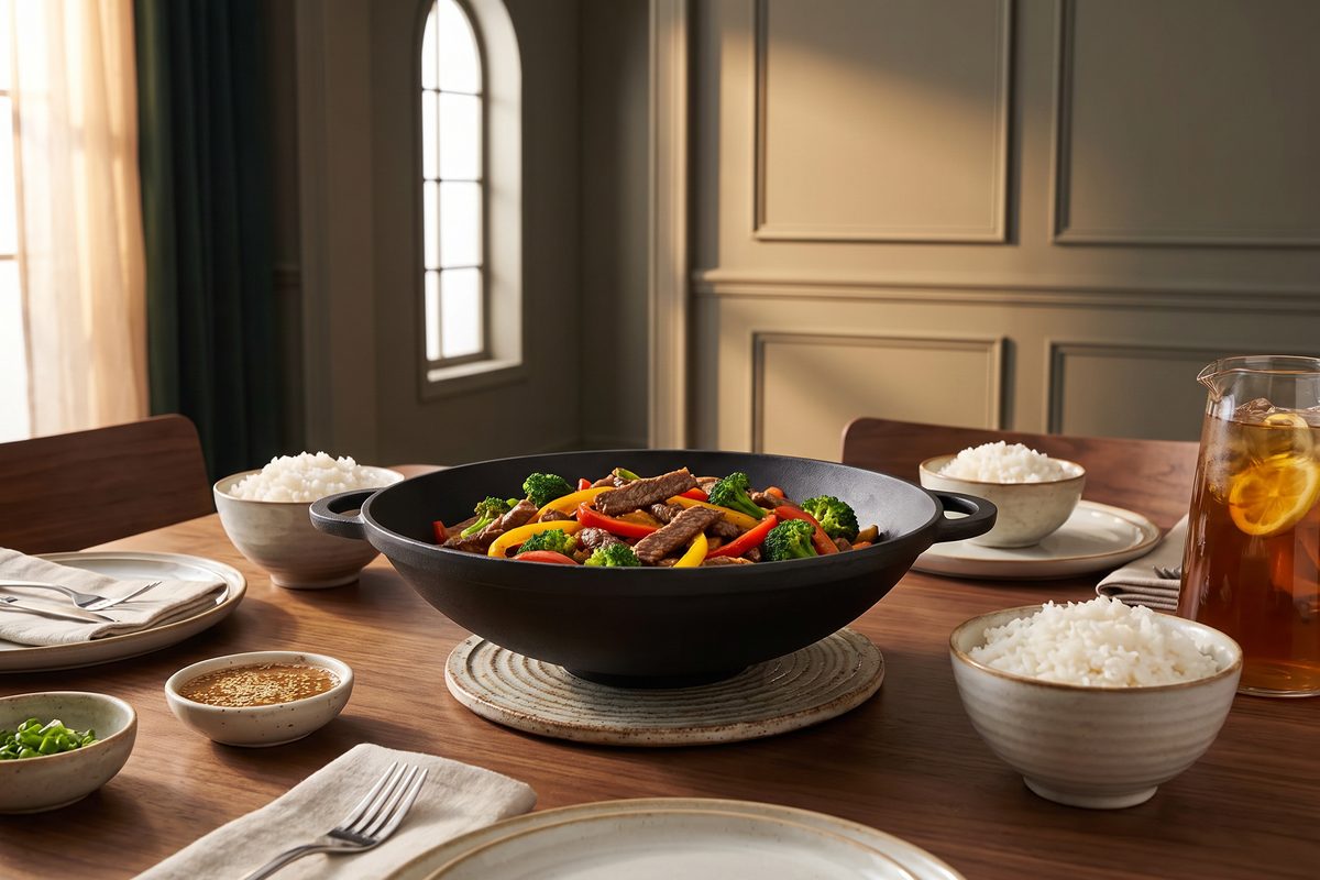 Кастрюля чугунная WOK 4,5 л со стеклянной крышкой ТМ СИТОН: говядина с брокколи и сладким перцем