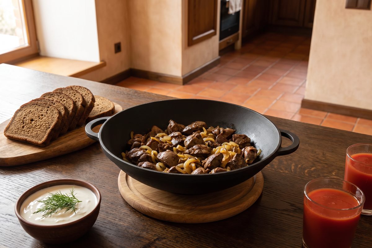 Каструля чавунна WOK 4,5 л ТМ СІТОН: печінка з цибулею