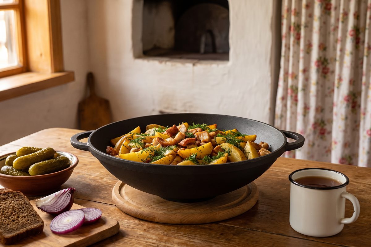 Каструля чавунна WOK 4,5 л ТМ СІТОН: смажена картопля зі шкварками
