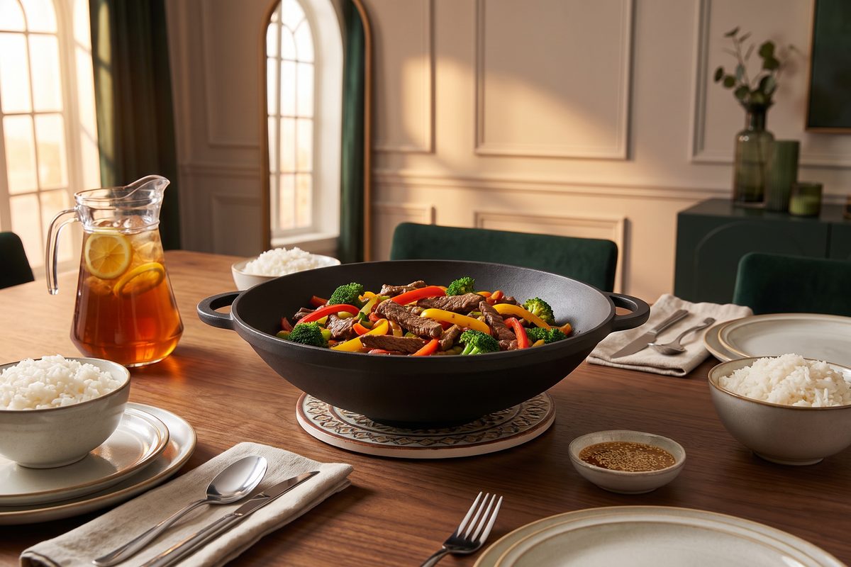 Каструля чавунна WOK 4,5 л ТМ СІТОН: яловичина з броколі та солодким перцем
