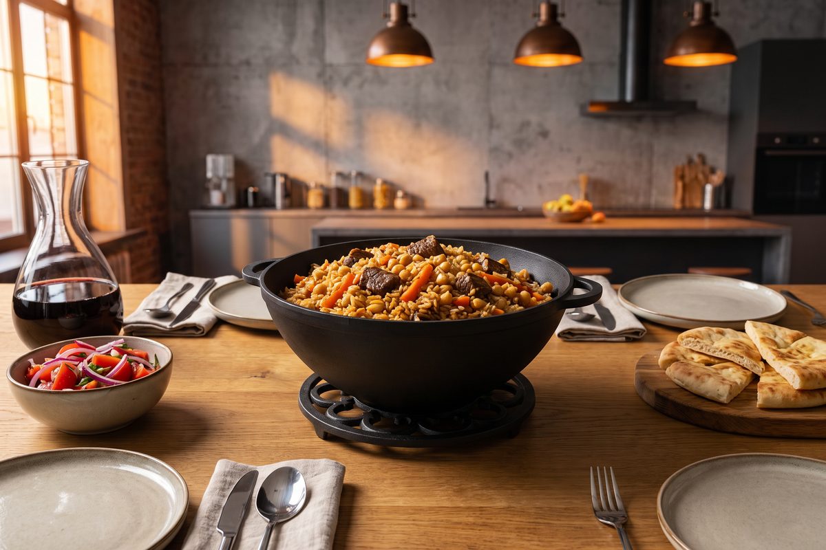 Кастрюля чугунная WOK 8 л с чугунной крышкой ТМ СИТОН: плов с говядиной и нутом