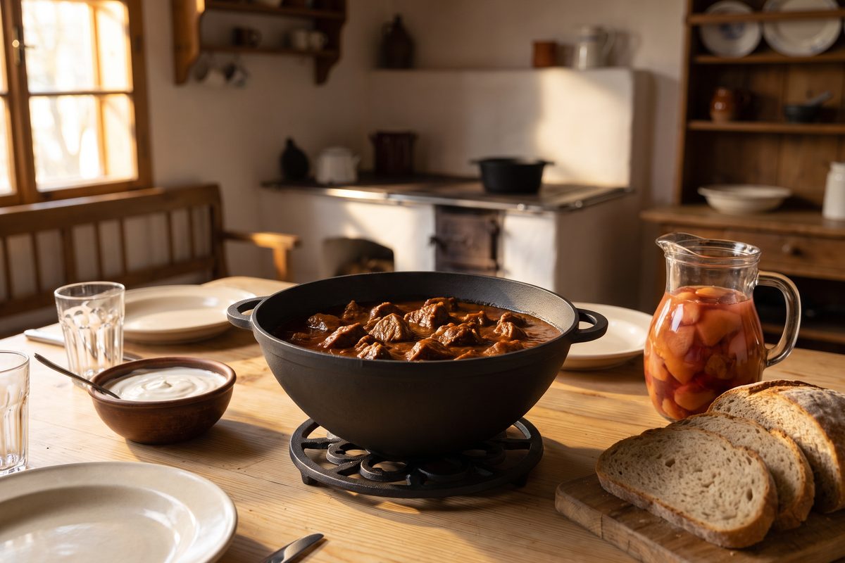 Кастрюля чугунная WOK 8 л с чугунной крышкой ТМ СИТОН: гуляш из свинины