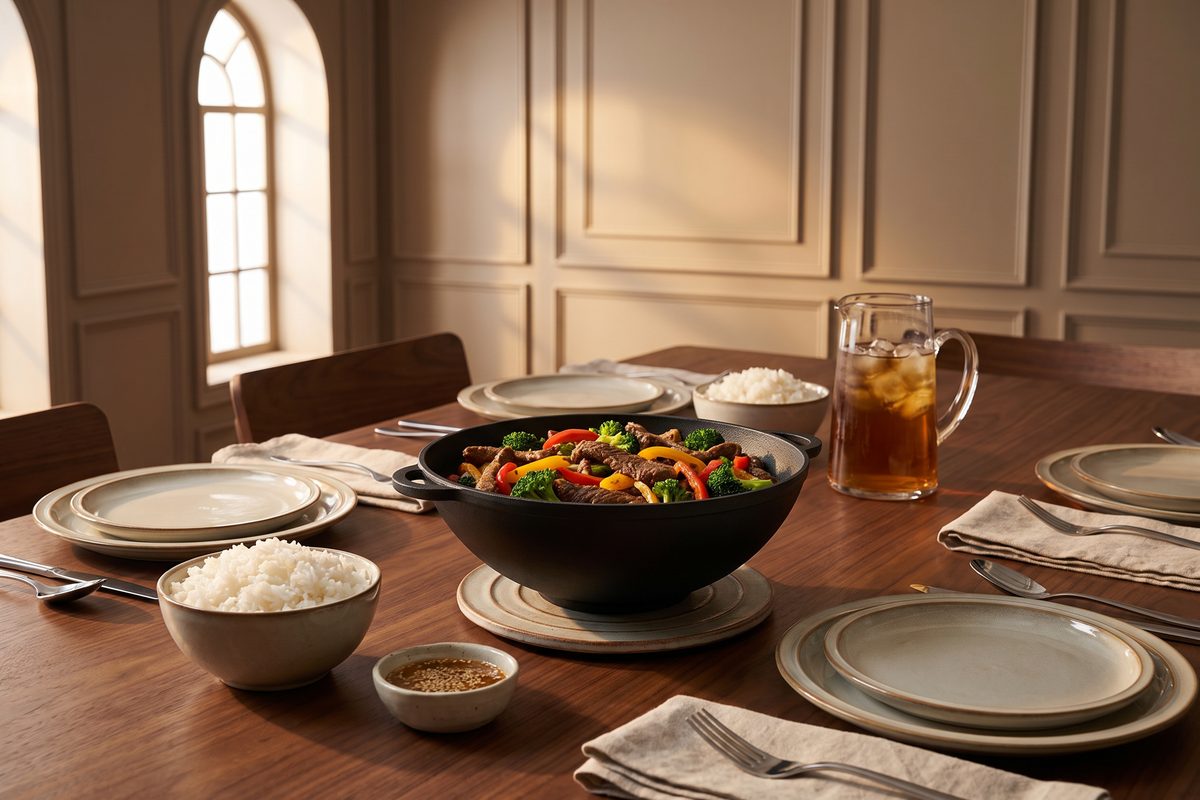 Кастрюля чугунная WOK 8 л с чугунной крышкой ТМ СИТОН: говядина с брокколи и сладким перцем
