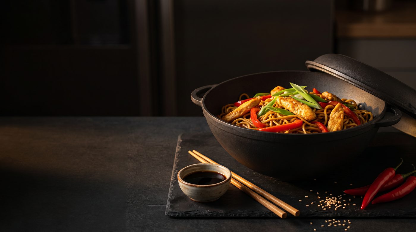 Чугунная кастрюля WOK с лапшой, курицей и овощами