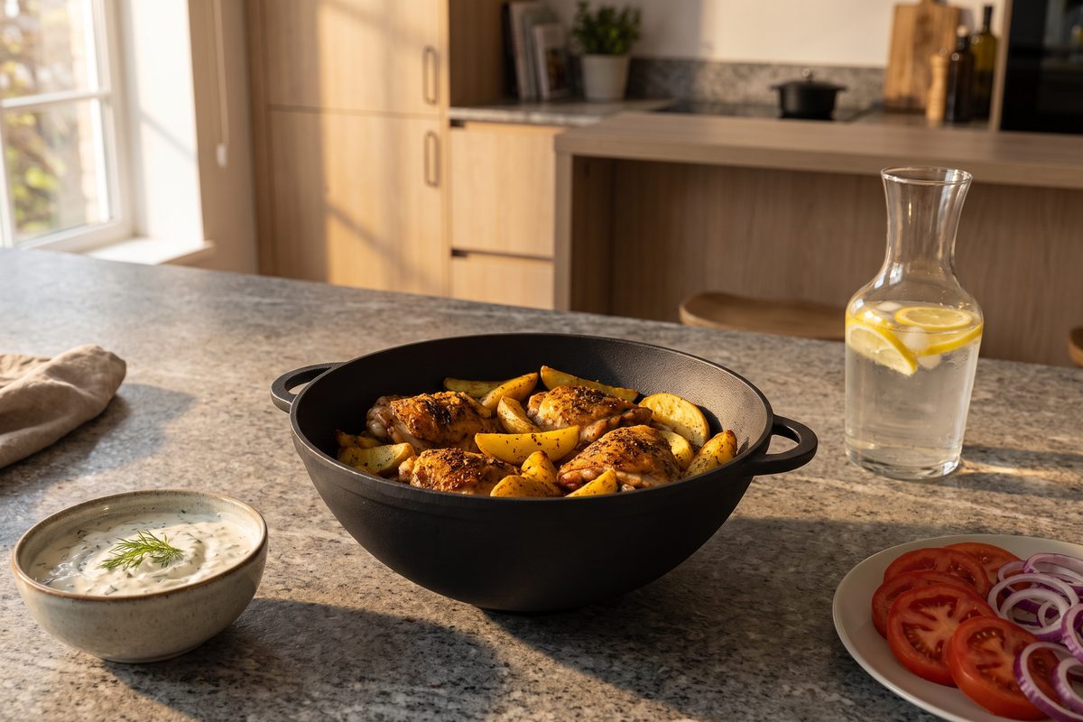Каструля чавунна WOK 8 л з рифленою кришкою-сковородою ТМ СІТОН: цілі курячі стегенця з картоплею