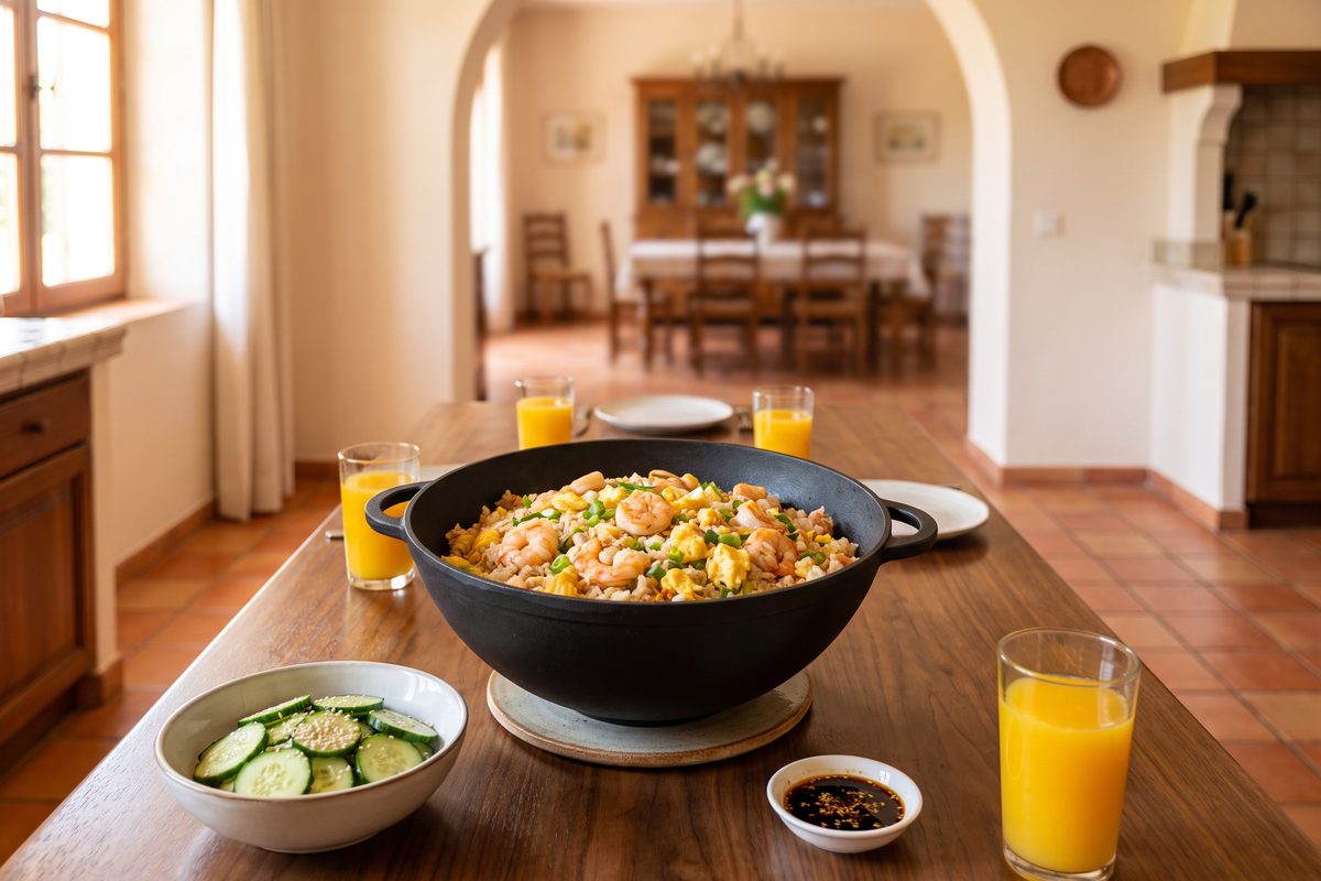 Каструля чавунна WOK 8 л з рифленою кришкою-сковородою ТМ СІТОН: смажений рис з креветками