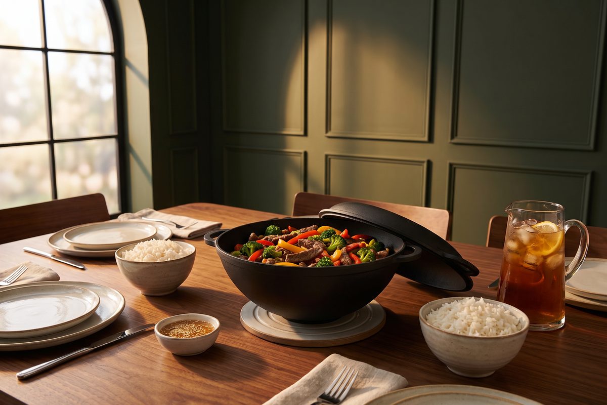 Каструля чавунна WOK 8 л з рифленою кришкою-сковородою ТМ СІТОН: яловичина з броколі та солодким перцем