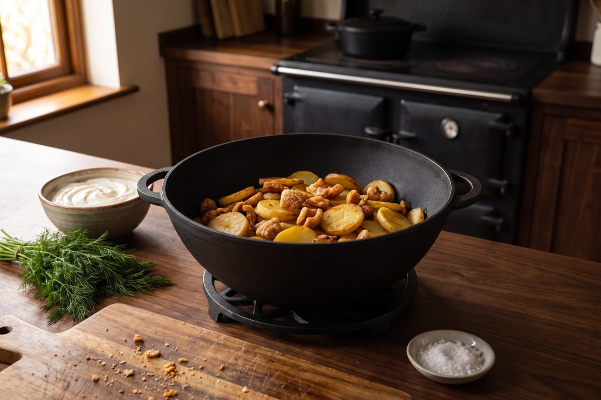 Кастрюля чугунная WOK 8 л ТМ СИТОН: жареный картофель со шкварками