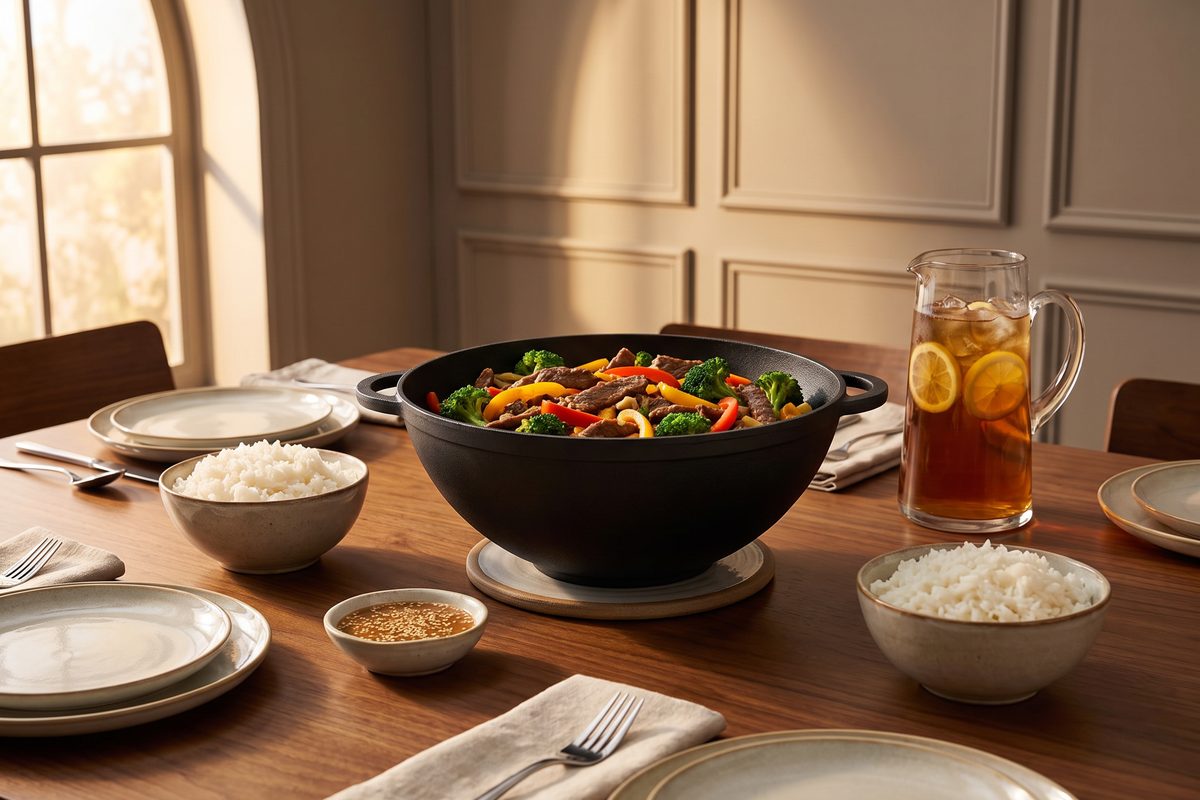 Кастрюля чугунная WOK 8 л ТМ СИТОН: говядина с брокколи и сладким перцем