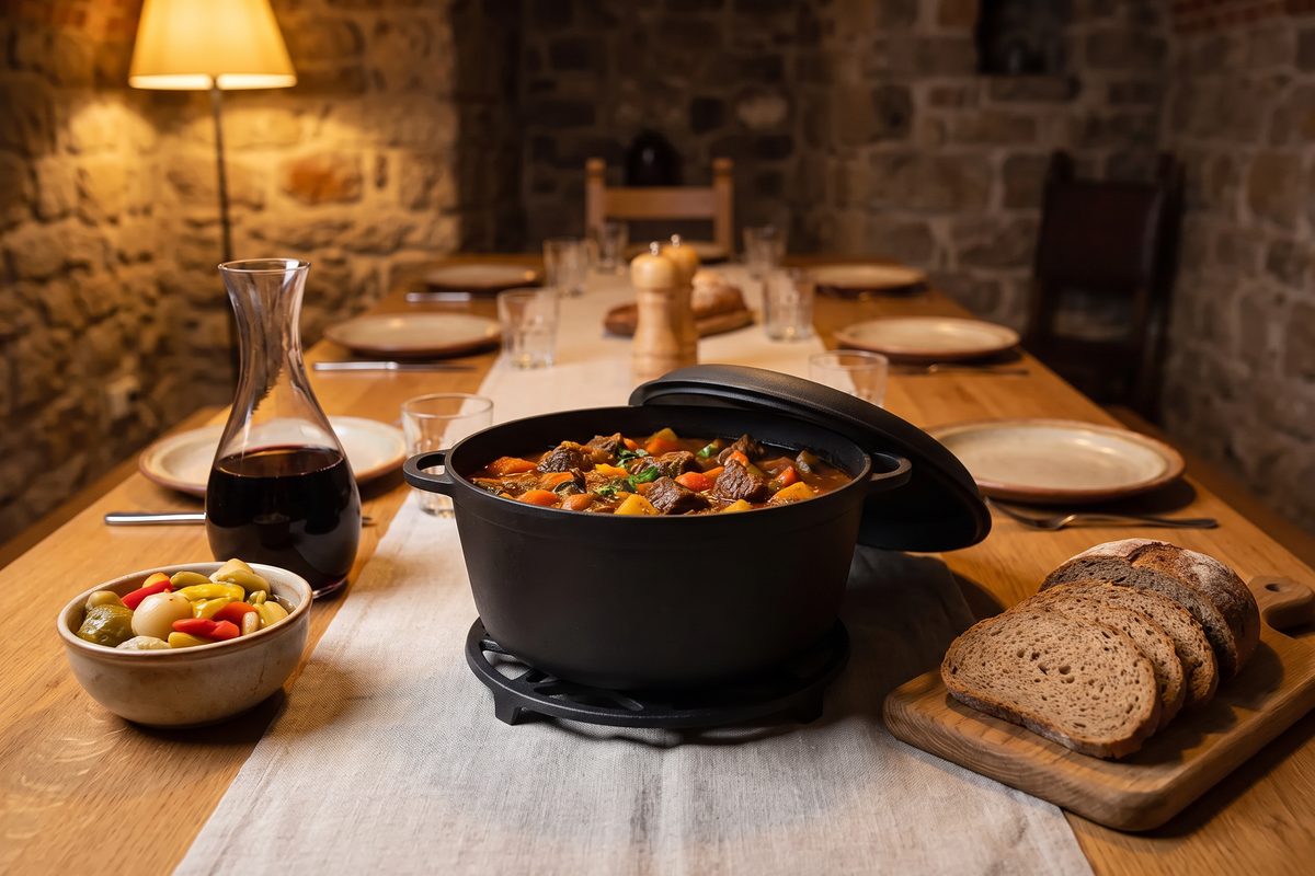 Яловиче рагу з овочами у чавунній каструлі 2 л, довгий стіл, накритий для застілля