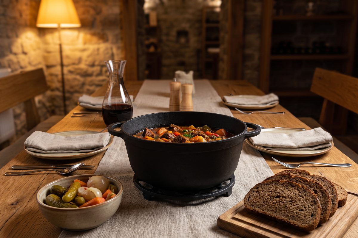 Тушёное мясо с овощами в чугунной кастрюле 3 л, праздничный стол в каменной столовой